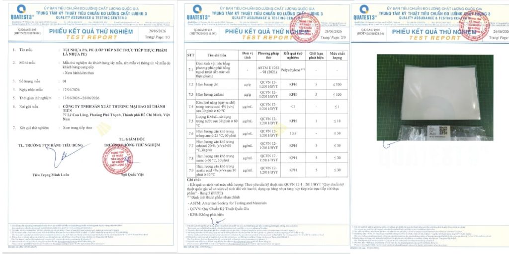 Chứng nhận kiểm nghiệm an toàn túi hút chân không 