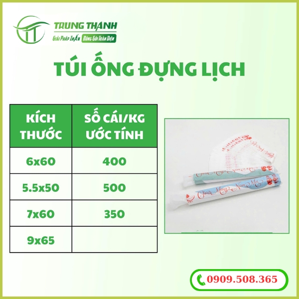 Kích thước thông dụng của túi ống đựng lịch
