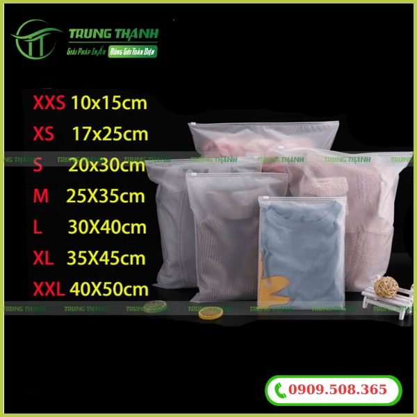 Size áo và túi zipper đựng áo quần