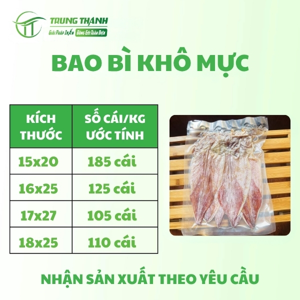Kích thước của bao bì khô mực