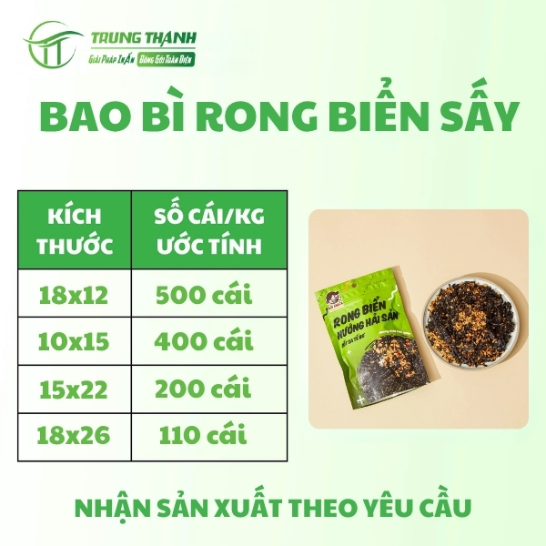 Kích thước phổ biến của túi đựng rong biển sấy khô